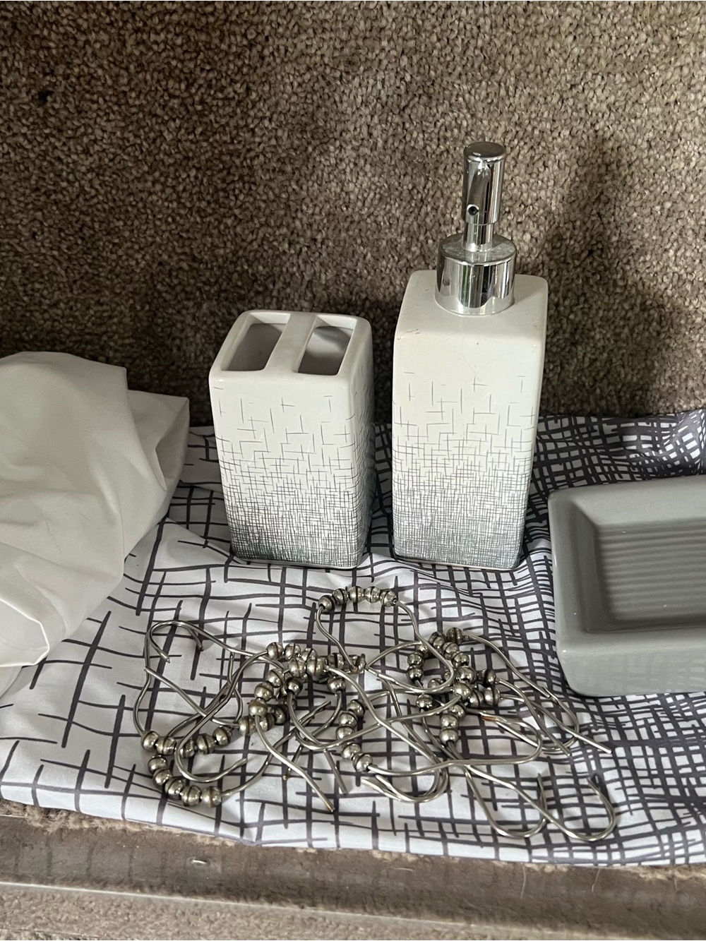 Ceramic White & Silver Bathroom Accessory Set with Dispenser